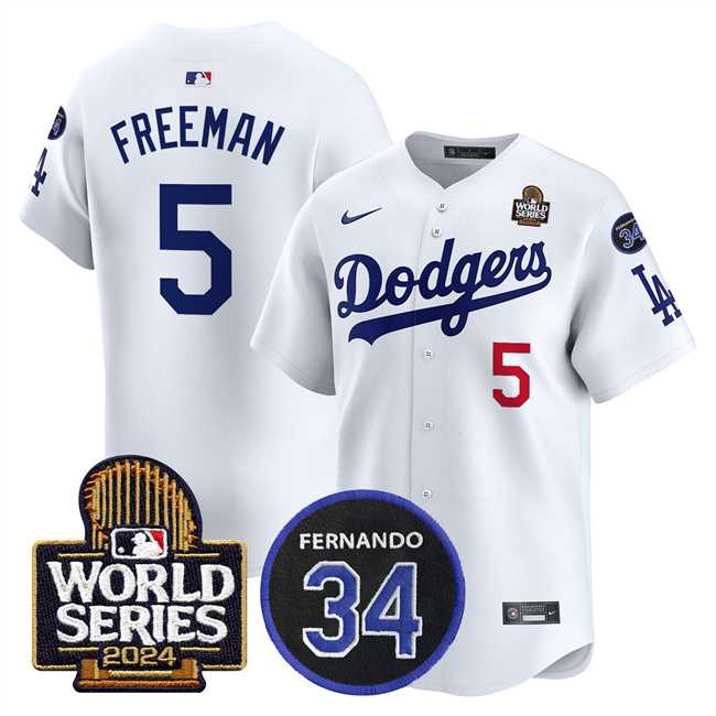 Men%27s Los Angeles Dodgers #5 Freddie Freeman White 2024 World Series With Fernando Memorial Patch Limited Stitched Baseball Jersey